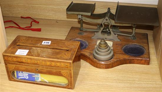 An inlaid wood stationery box and a set of scales box width 25.5cm height 13cm scales width 38cm height 16cm